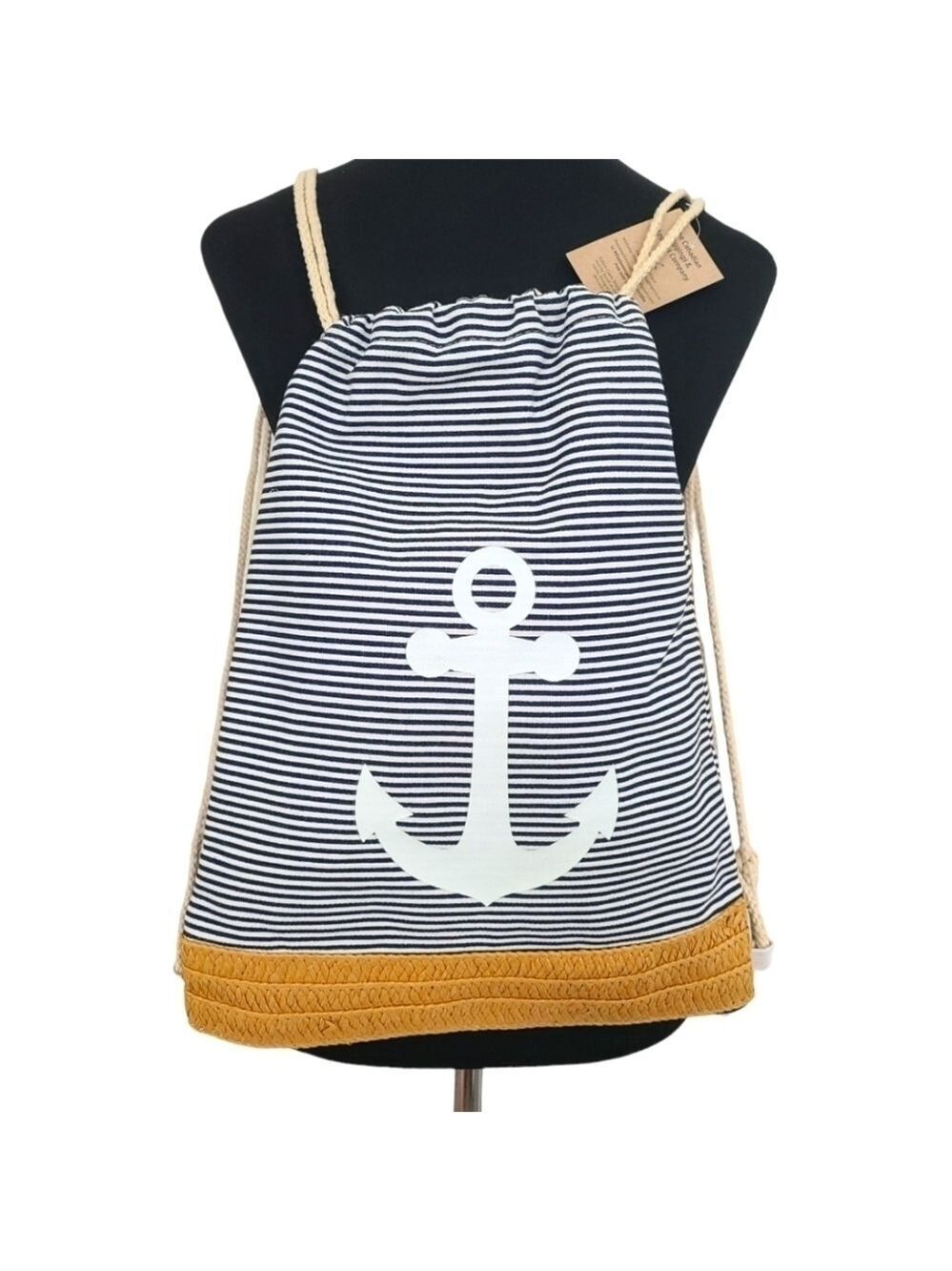 Trïbe Canvas & Rattan Nautical Blue & White Striped Drawstring Backpack NWT